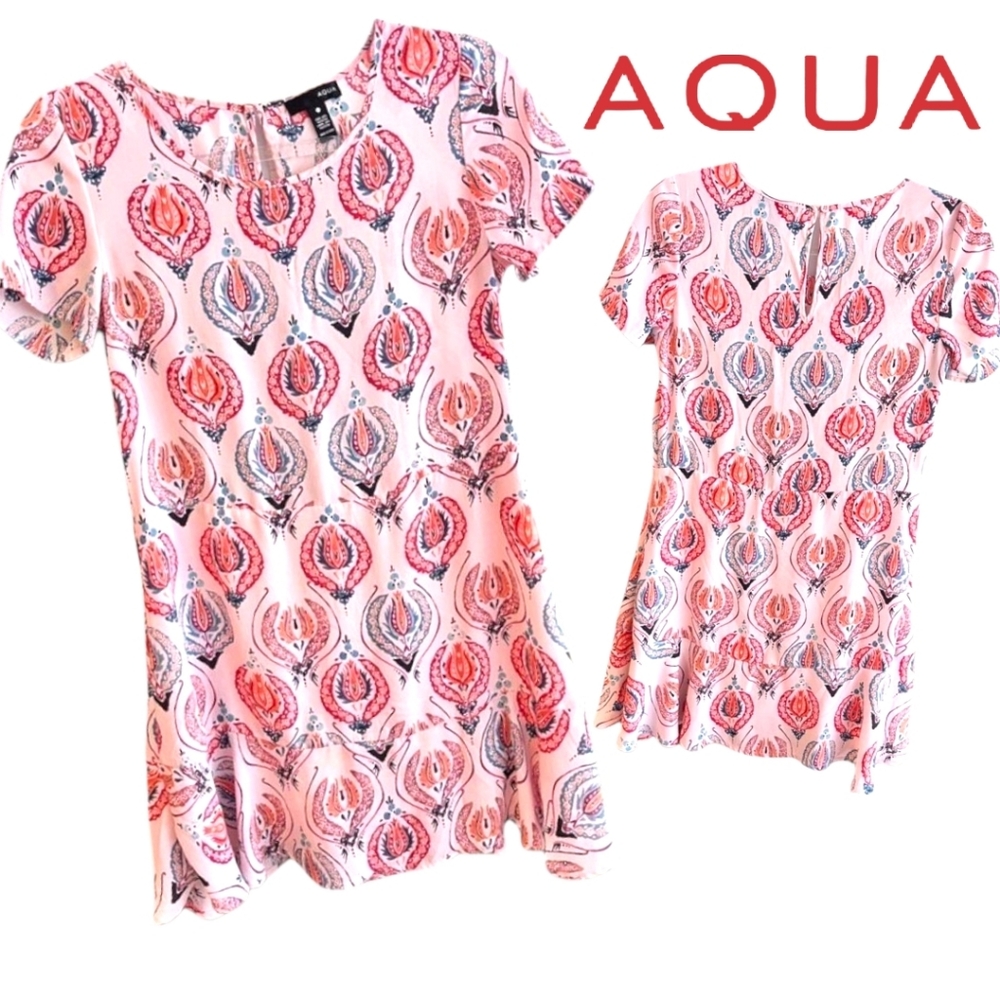 Aqua Peach/Blue Pattern Short Sleeve Ruffle Hem Mini A-line Dress Round Neck XS